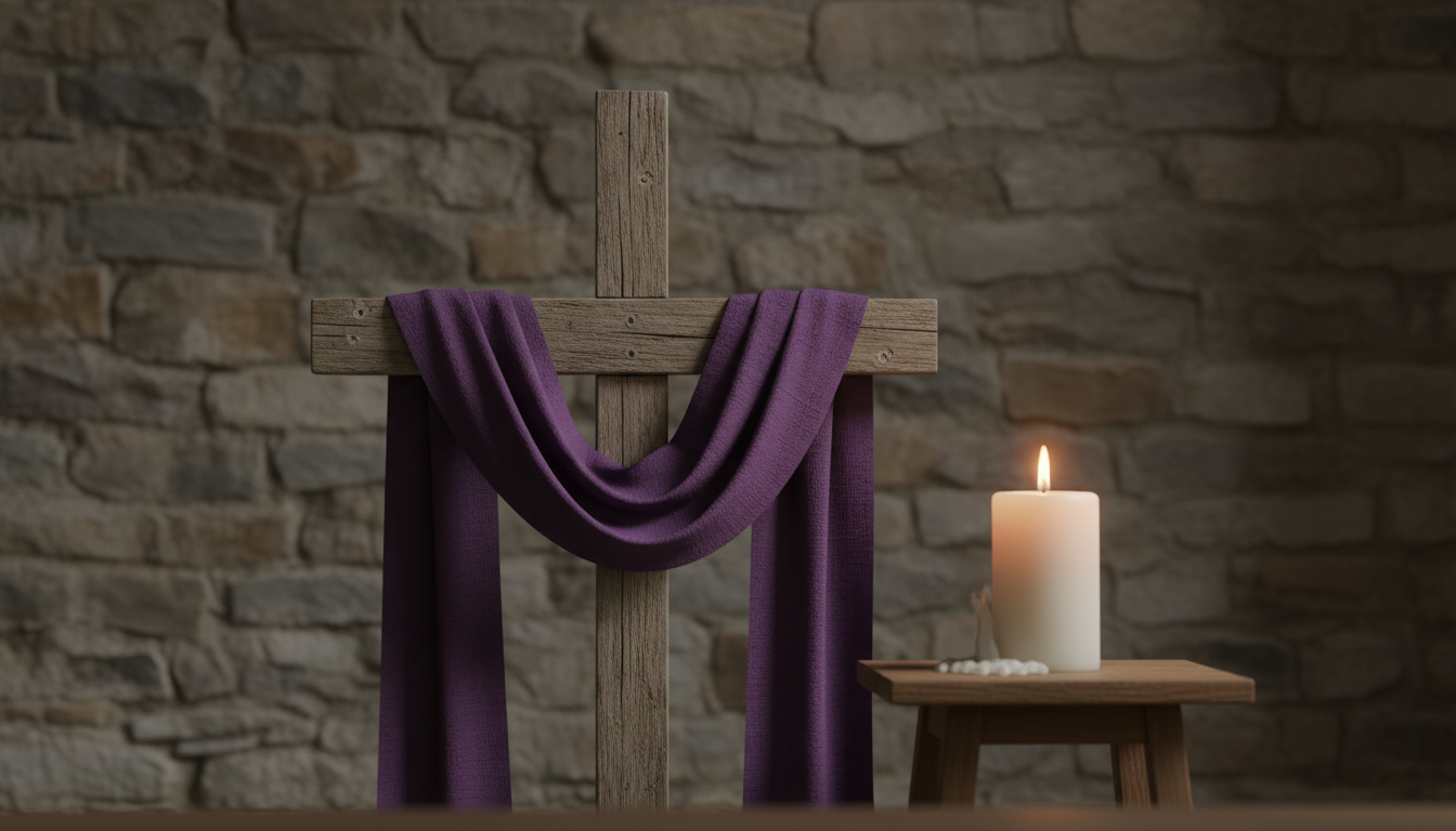 Wooden cross with purple Lenten stole