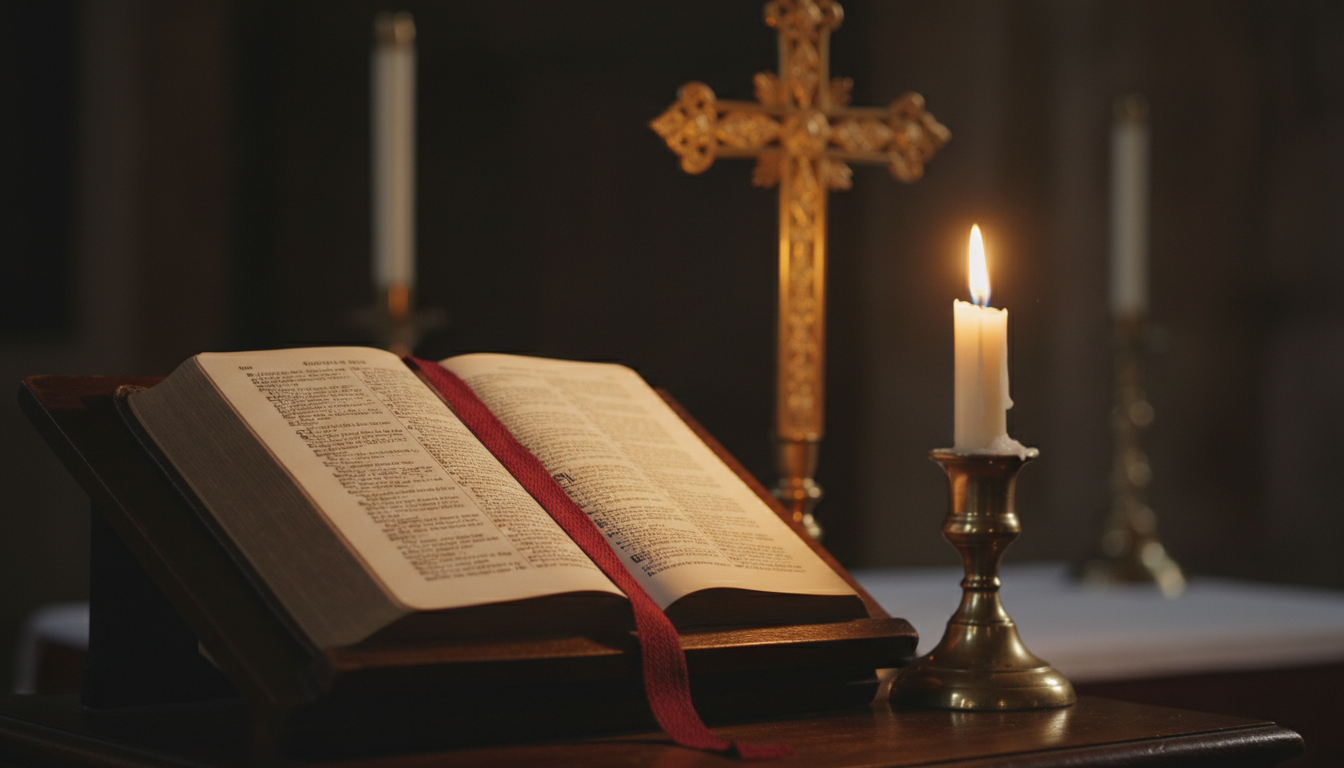 Open prayer book with cross and candlelight