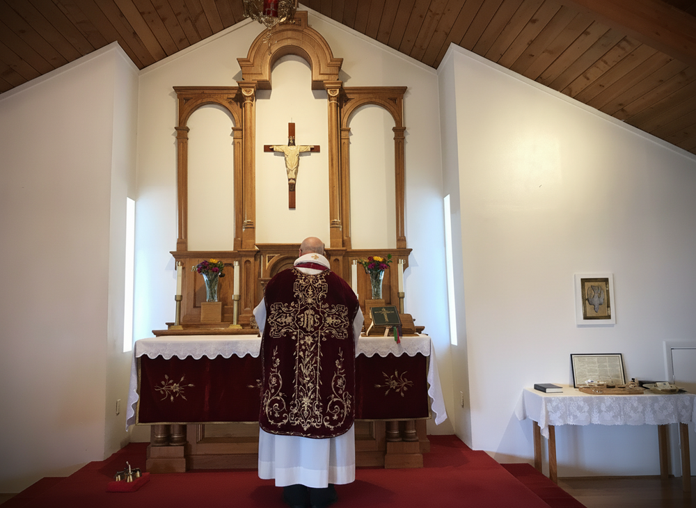 Priest celebrating the Holy Mass at the altar